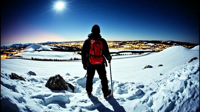 a person wearing a bag and holding ski poles, standing atop a snow-covered mountain with a full moon in the background. The image is slightly blurred, giving it a dreamy, ethereal feel