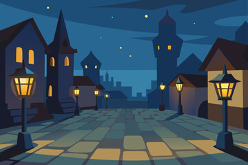 Medieval Town Square with Lanterns and Cobblestone