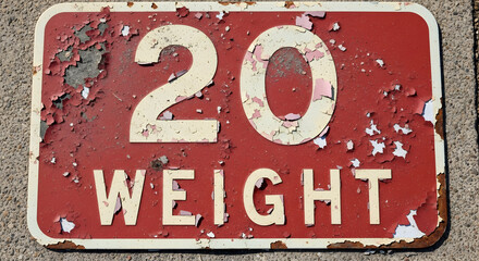 Weathered sign indicating the weight limit of 20, conveying a sense of age and resilience over time