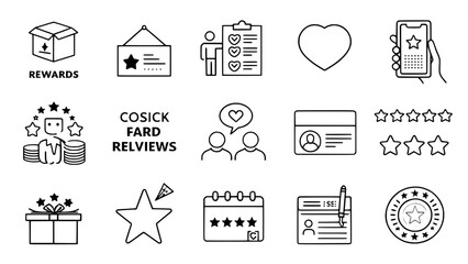 A grid of 20 flat icons focused on brand loyalty and engagement.
Icons include rewards, user communities, reviews, loyalty cards, and feedback forms. The design stays within a blue color scheme, maint