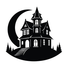 Haunted mansion silhouette under a crescent moon