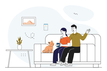 Fototapeta premium Couple and cat sitting on sofa at home. Vector illustration
