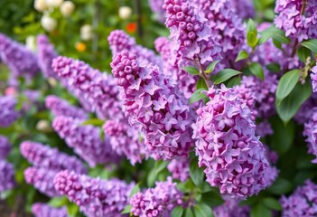 Obraz premium A vibrant lilac bush in full bloom, showcasing delicate purple flowers against a spring garden backdrop, violet, nature photography