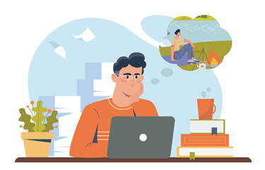 Man working on laptop dreaming of camping. Vector illustration