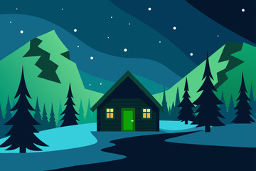 Naklejka premium Snowy Forest Cabin under Northern Lights