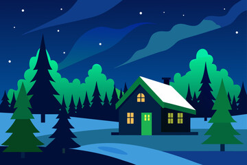 Naklejka premium Snowy Forest Cabin under Northern Lights