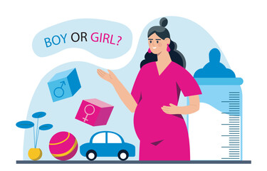 Pregnant woman with gender reveal blocks. Vector illustration
