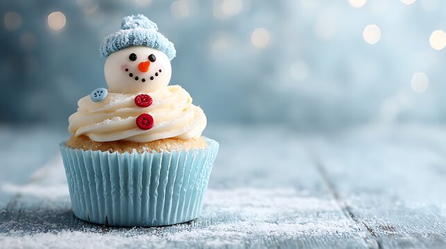 Close up of a cupcake decorated as a snowman with a blue hat and button details by copyspace.