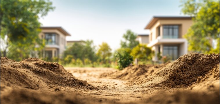 The construction site with lush greenery and modern homes in the background
