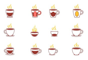 Fototapeta premium Set of hot coffee cup line icons, various styles, vector illustration, outline, steam
