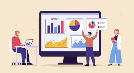 Colleagues collaborating on a business intelligence report, analyzing data on a large interactive dashboard with charts.