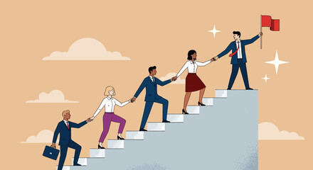 A diverse business team holding hands while climbing the stairs of success, a leader with a flag guiding the way.