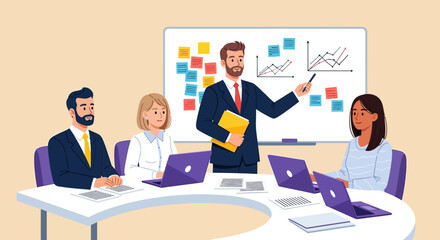 Business leader delivering a strategic presentation with data charts on a whiteboard to a professional team in a corporate meeting.