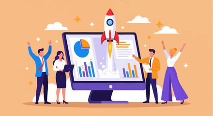 Business team celebrating a successful startup launch. A rocket takes off from a computer screen showing data analytics, symbolizing growth and achievement.