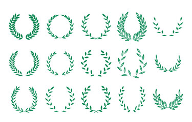Green laurel wreaths set collection. Vector illustration