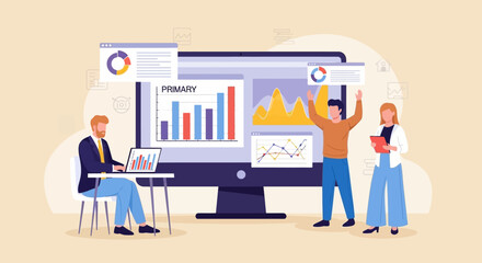 A team of business analysts collaborating on data analysis, celebrating successful statistics on a large dashboard.