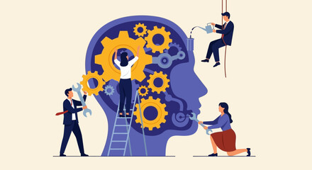 Team of professionals working on mental health and personal growth, fixing the brain's gears. A concept of mindset improvement and therapy.