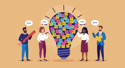 Creative business team whisking up innovative ideas during a collaborative brainstorming session with a lightbulb full of sticky notes.