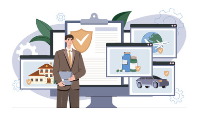 Insurance agent with protection icons. Vector illustration