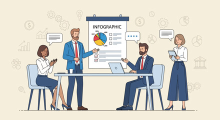 Business team collaborating in a meeting, analyzing infographic data. Colleagues discussing strategy with charts during a corporate presentation.