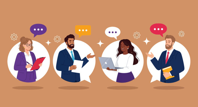 Dynamic business communication concept featuring a diverse mix of professionals collaborating and sharing ideas.