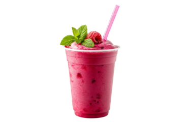 Plastic Cup Raspberry Smoothie with Mint and Straw on Transparent