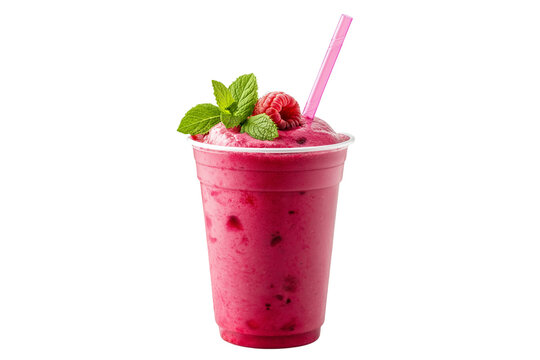Plastic Cup Raspberry Smoothie with Mint and Straw on Transparent