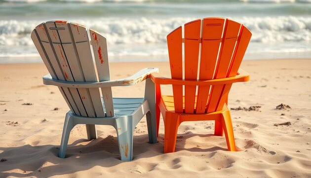 Two weathered plastic beach chairs sit empty on sandy shore, ocean waves in background, empty, turquoise