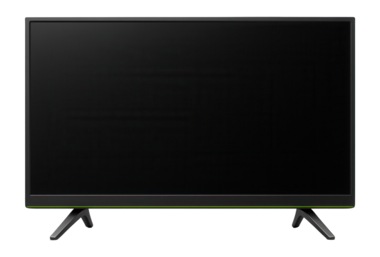 4K LED TV with a matte black frame and two wide-set feet