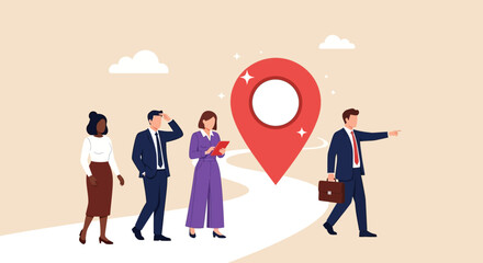 Team following map marker, business strategy to find direction and pursue target, businesspeople teamwork illustration