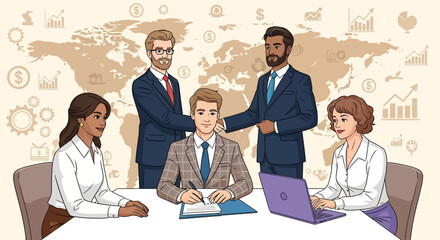 Global Teamwork Diverse Professionals Collaborating on a Worldwide Business Strategy with Charts and Data