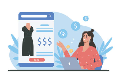 Woman shopping online for dress. Vector illustration