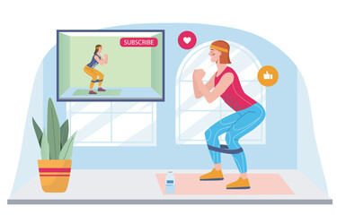 Woman doing online fitness workout at home. Vector illustration