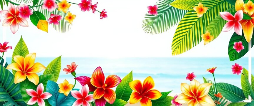 Vibrant tropical flowers frame vintage-style beach party invite background, bright, texture