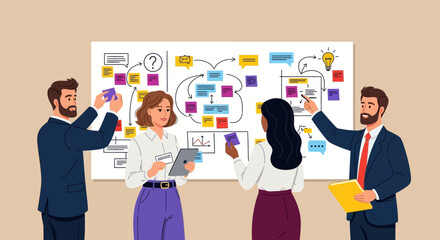 Collaborative Strategy Session Team Brainstorming on a Business Project with Colorful Sticky Notes and a Flowchart