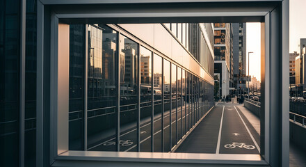 Urban landscape showcasing a modern city street through architectural frame