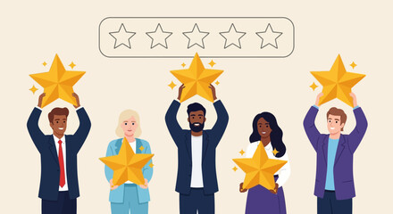 Team Celebrating Success with Gold Stars Customer Satisfaction, Evaluation, and Achievement