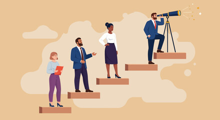Corporate Team Ascending Steps to Success with Vision and Strategy, Showing Teamwork and Achievement