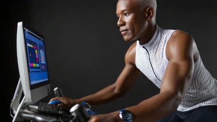 Determined senior athlete cycling on stationary bike with performance tracking software - Powered by Adobe