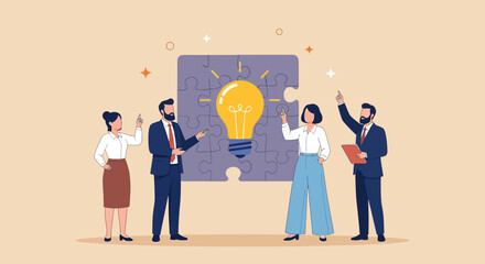 Teamwork Brainstorming Solving the Puzzle of Innovation with Collaboration and Bright Ideas to Achieve Business Success