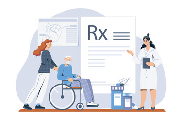 Elderly patient receiving prescription care. Vector illustration