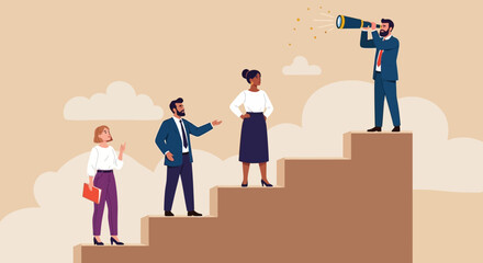 Business Growth Diverse Team Ascending Stairs with Visionary Leader Guiding the Way