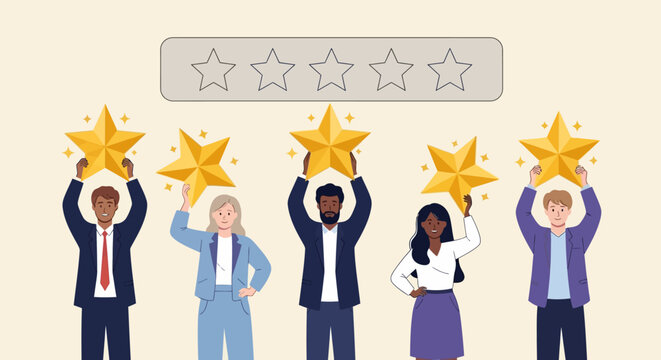 Team Celebrating Achievement with Star Ratings, a positive review for their business and high quality service