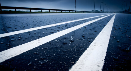 Wet Asphalt Road with White Lane Markings on a Rainy Day with Overcast Sky