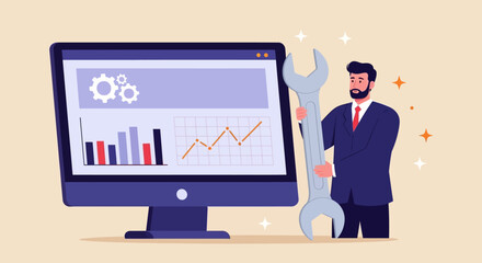 Technical Support Illustration Man with Wrench & Computer Displaying Performance Data