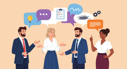 Creative Collaboration Diverse team brainstorming with speech bubbles visualizing their ideas.