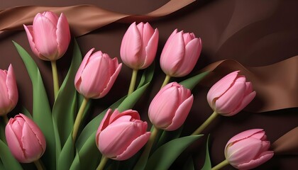 Obraz premium Pink tulips with a brown ribbon form an elegant floral bouquet.