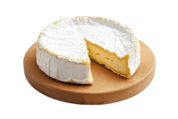Round Brie Cheese with Slice Removed on Wooden Board Transparent PNG
