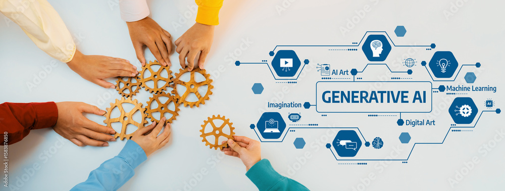 Poster innovative collaboration of hands with gears symbolizing generative ai, digital art and machine lear