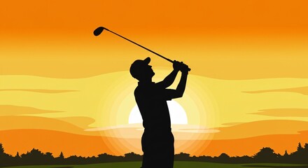Silhouette of a golfer mid-swing against a vibrant orange sunset.

